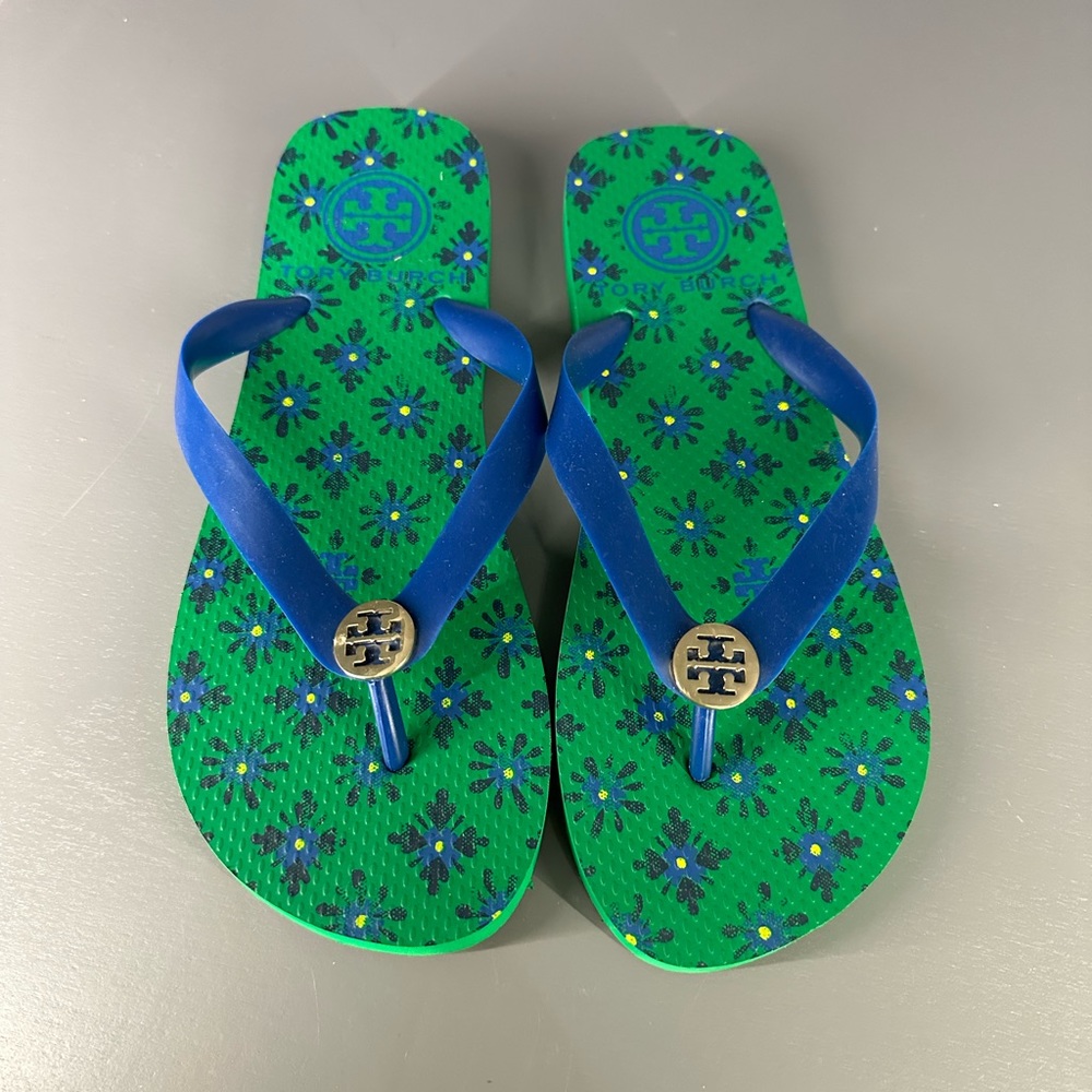 Tory Burch Navy and Green Flip Flops SZ 7 WMNS